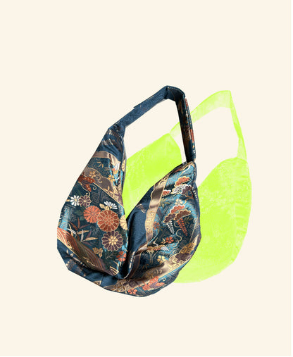 FORTUNE COOKIE BAG (S) <metallic green with multi flowers > Upcycled from second hand obi