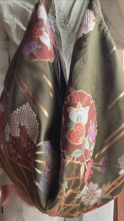 FORTUNE COOKIE BAG (S) <khaki floral pattern > Upcycled from pre loved obi