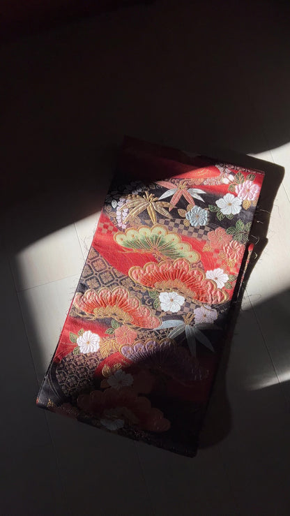 FORTUNE COOKIE BAG (S) <red×black multiple lucky omen pattern with flowers > Upcycled from silk obi