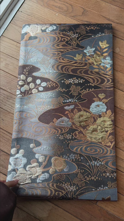 FORTUNE COOKIE BAG (S) <metallic brown×silver floral pattern > Upcycled from pre loved obi
