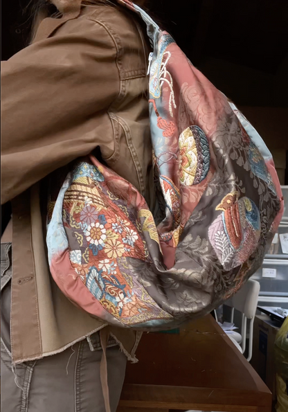 FORTUNE COOKIE BAG (S) <light blue× beige multiple lucky omen pattern with ribbons > Upcycled from silk obi