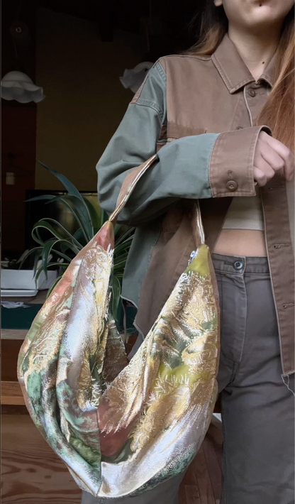 FORTUNE COOKIE BAG (S) <metallic green×orange landscape > Upcycled from silk obi