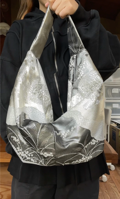 FORTUNE COOKIE BAG (S) <metallic silver×black multi flowers> Upcycled from silk obi