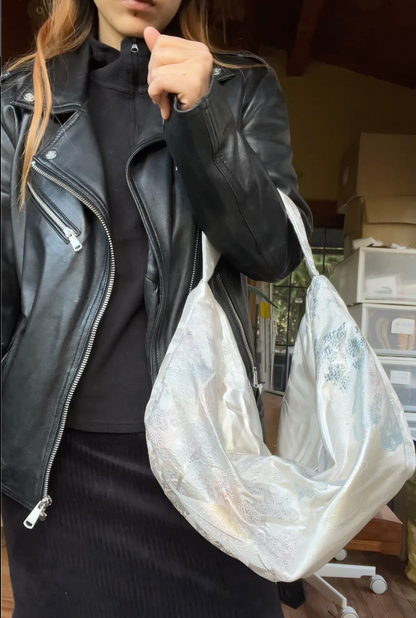 FORTUNE COOKIE BAG (S) <silver with Japanese garden> Upcycled from silk obi