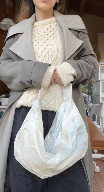 FORTUNE COOKIE BAG (S) <off white with a hint of light blue Japanese crane pattern> Upcycled from silk obi