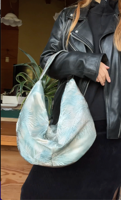 FORTUNE COOKIE BAG (S) <metallic light blue×silver with pine tree pattern> Upcycled from silk obi