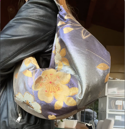 FORTUNE COOKIE BAG (S) <metallic silver×purple with flower pattern> Upcycled from pre loved obi