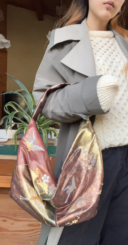 FORTUNE COOKIE BAG (S) <metallic burgundy with flower and bird pattern> Upcycled from pre loved obi