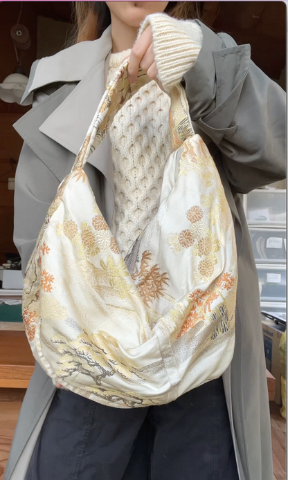 FORTUNE COOKIE BAG (S) <beige with multi flower pattern> Upcycled from pre loved obi