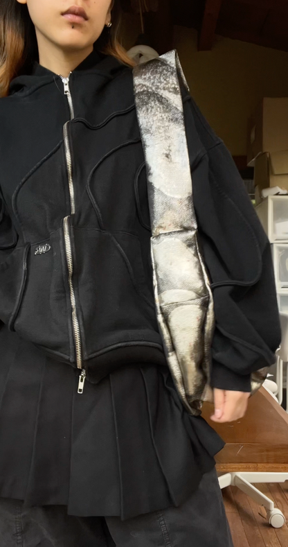 <FORTUNE COOKIE BAG (L) <black×silver with abstract pattern >  Upcycled product