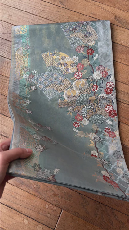 FORTUNE COOKIE BAG (S) <ash light green floral pattern > Upcycled from pre loved obi