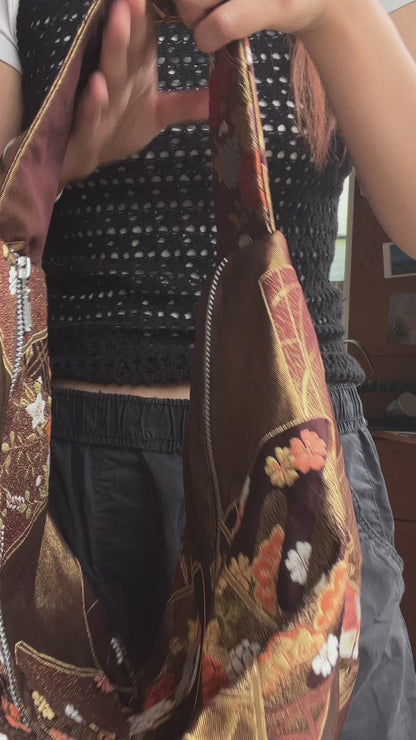 FORTUNE COOKIE BAG (S) <metallic brown with maki-e writing desk with "Hatsune" motif > Upcycled from second hand obi