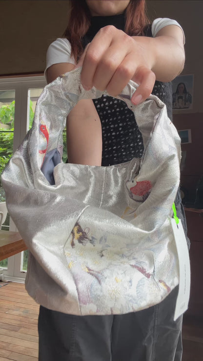 COMORI BAG (L) <silver × light blue bird and cherry blossom pattern> Upcycled product