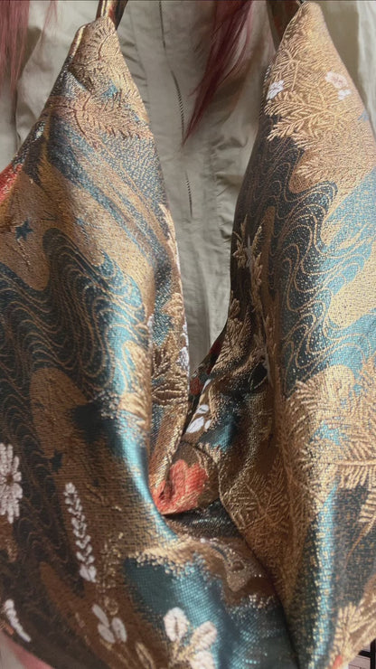 FORTUNE COOKIE BAG (S) <metallic green floral pattern > Upcycled from pre loved obi