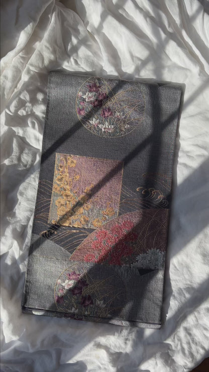 FORTUNE COOKIE BAG (S) <metallic ash purple with multi flowers > Upcycled from second hand obi