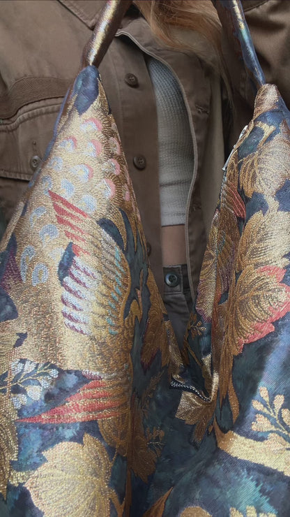 FORTUNE COOKIE BAG (S) <metallic blue with multi floral pattern> Upcycled from silk obi