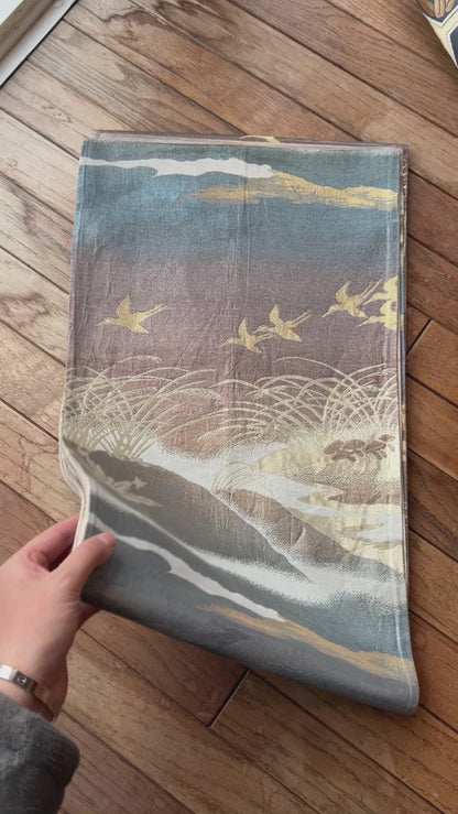 FORTUNE COOKIE BAG (S) <metallic light purple×blue landscape with bird pattern > Upcycled from pre loved obi