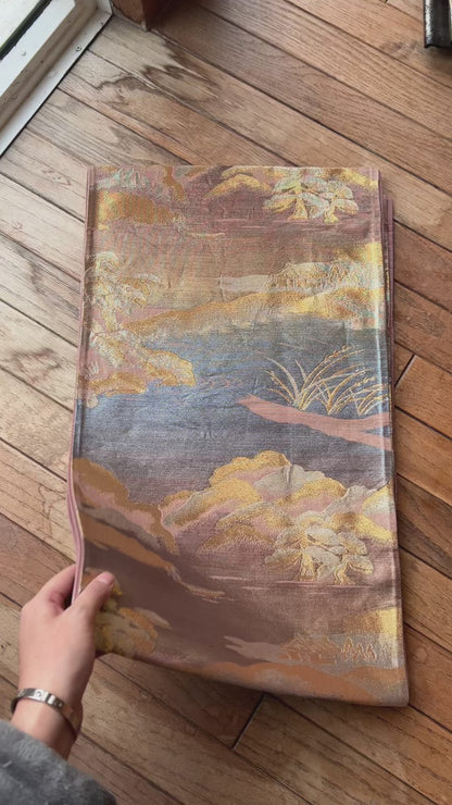 FORTUNE COOKIE BAG (S) <metallic ash pink×blue landscape pattern > Upcycled from pre loved obi