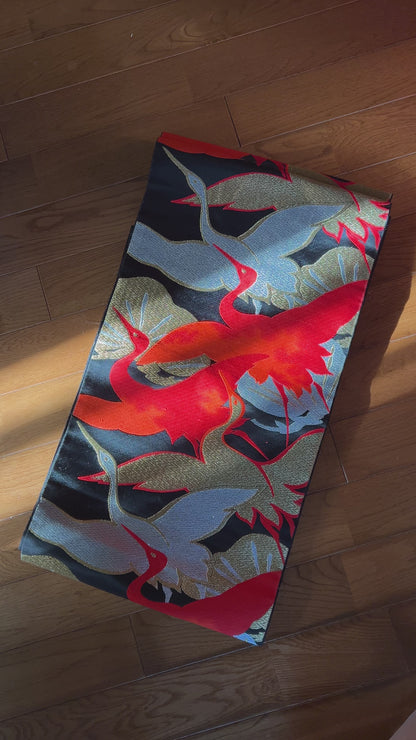 FORTUNE COOKIE BAG (S) <black×red with Japanese crane pattern> Upcycled from silk obi