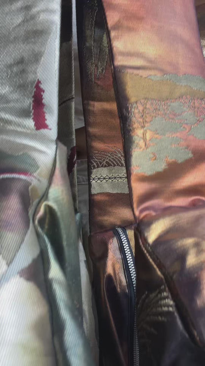 <FORTUNE COOKIE BAG (L) <gold × multi color land scape pattern >  Upcycled from silk obi