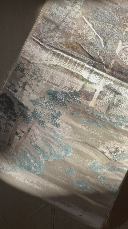 FORTUNE COOKIE BAG (S) <silver with Japanese garden> Upcycled from silk obi