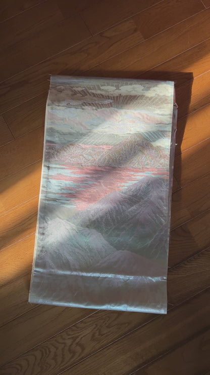 FORTUNE COOKIE BAG (S) <metallic silver×light pink with landscape pattern> Upcycled from pre loved obi