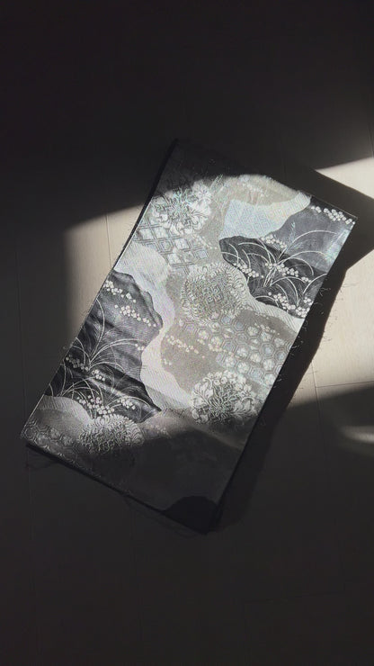 FORTUNE COOKIE BAG (S) <metallic silver×black multi flowers> Upcycled from silk obi