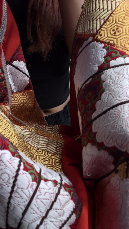 FORTUNE COOKIE BAG (S) <vermillion× gold floral Japanese fan  > Upcycled from second hand obi