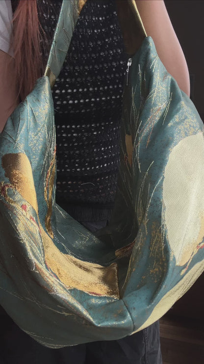 FORTUNE COOKIE BAG (S) <metallic teal with pine tree > Upcycled from second hand obi