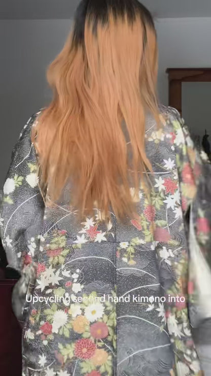 2WAYS UPCYCLED KIMONO CROSS NECK TOP <dark navy>