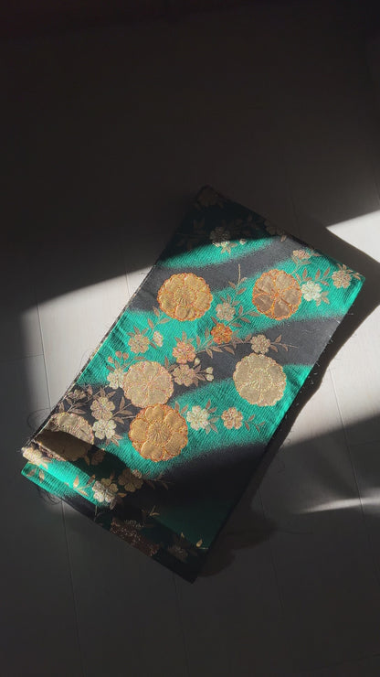 FORTUNE COOKIE BAG (S) <metallic green×black multi flowers> Upcycled from silk obi