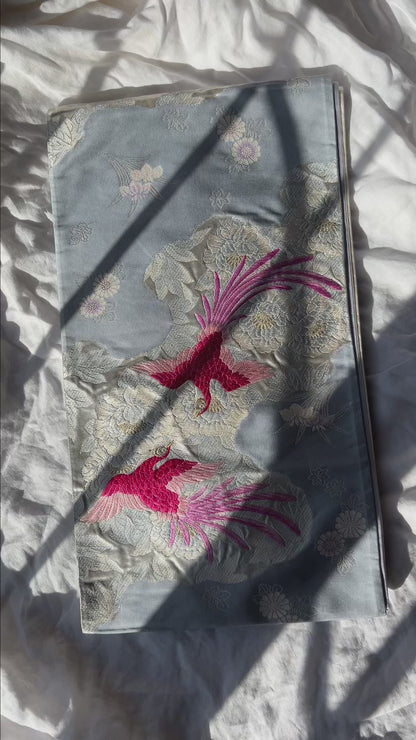 FORTUNE COOKIE BAG (S) <light blue × vivid pink with bird motifs> Upcycled from second hand obi