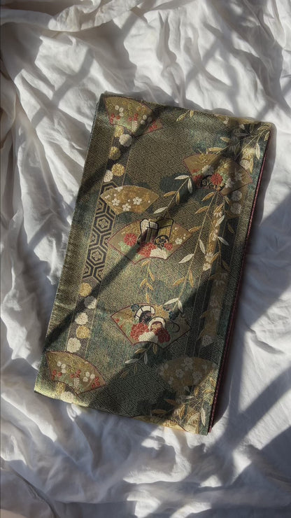 FORTUNE COOKIE BAG (S) <metallic gold with japanese fan and flowers > Upcycled from second hand obi