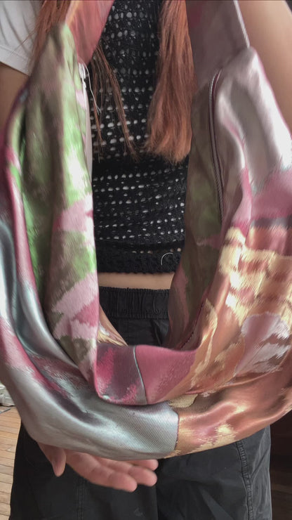FORTUNE COOKIE BAG (S) <metallic pink × multi pastel color with mountain landscape> Upcycled from second hand obi