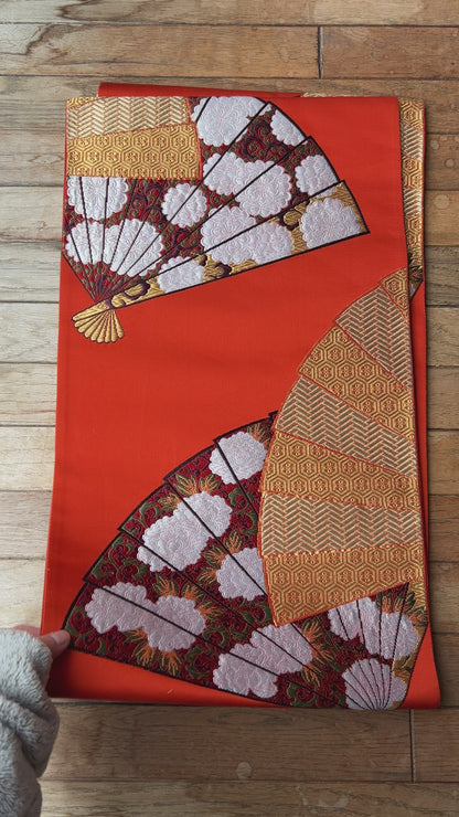 FORTUNE COOKIE BAG (S) <vermillion× gold floral Japanese fan  > Upcycled from second hand obi