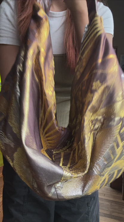 FORTUNE COOKIE BAG (S) <ash purple × gold japanese fan 扇子 pattern > Upcycled from second hand obi